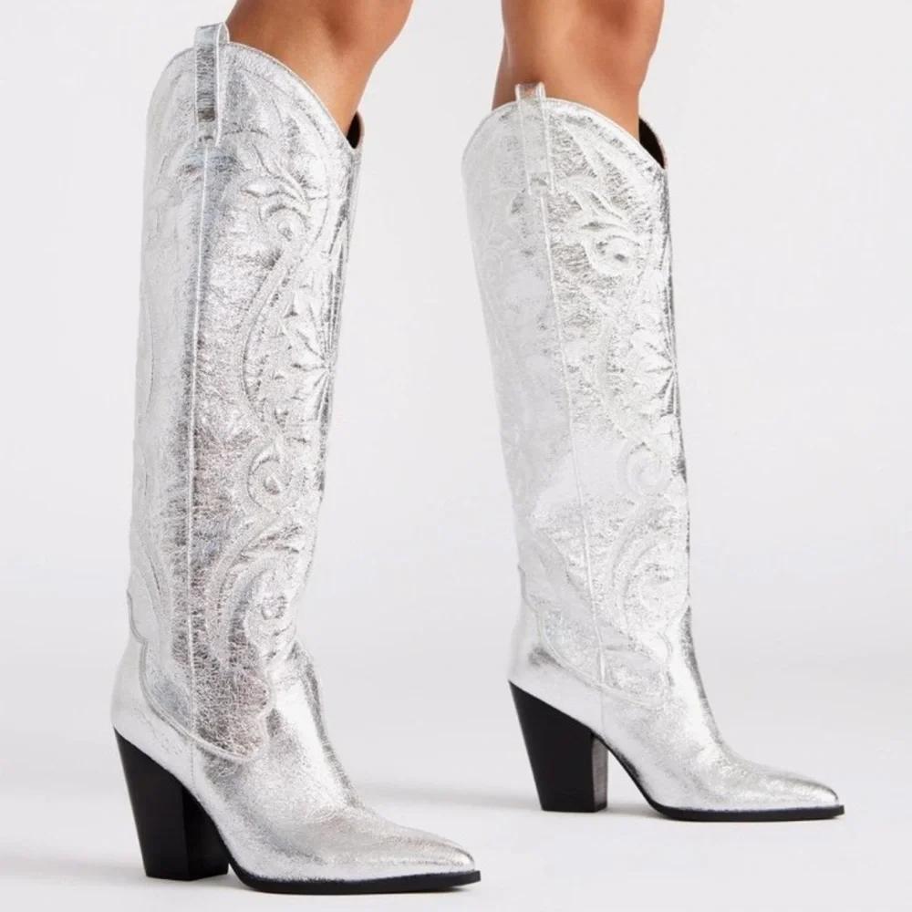 Steve Madden Lasso Silver Embossed Women's Cowboy Boots - Picture 4 of 9